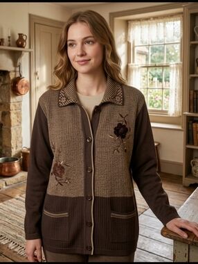 J Janet Brown and Tan Floral Embroidered Cottagecore Granny Cardigan Sweater XL